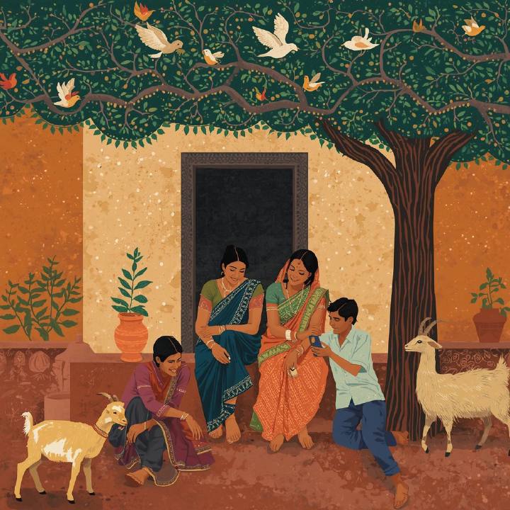 A family looking at a phone together in their courtyard